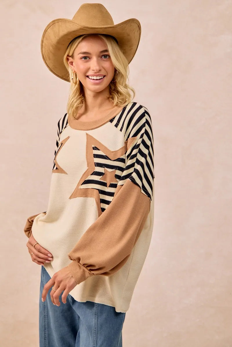 BiBi Star Patchwork Mixed Long Sleeve Top OutfitFlow