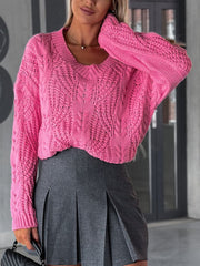 V-Neck Cable-Knit Long Sleeve Sweater Hot Pink OutfitFlow