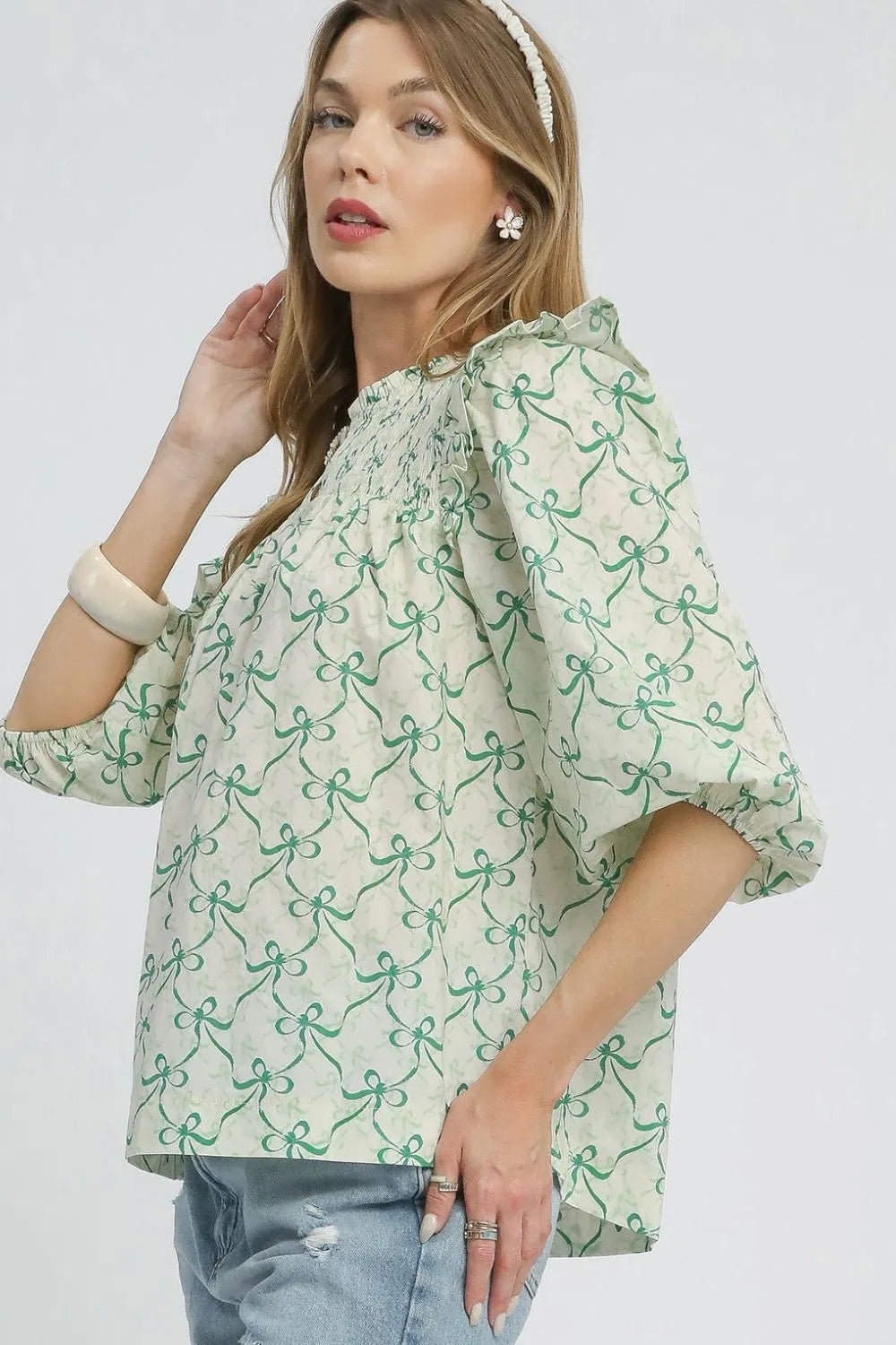 Umgee Ruffled Bow Print Notched Blouse OutfitFlow