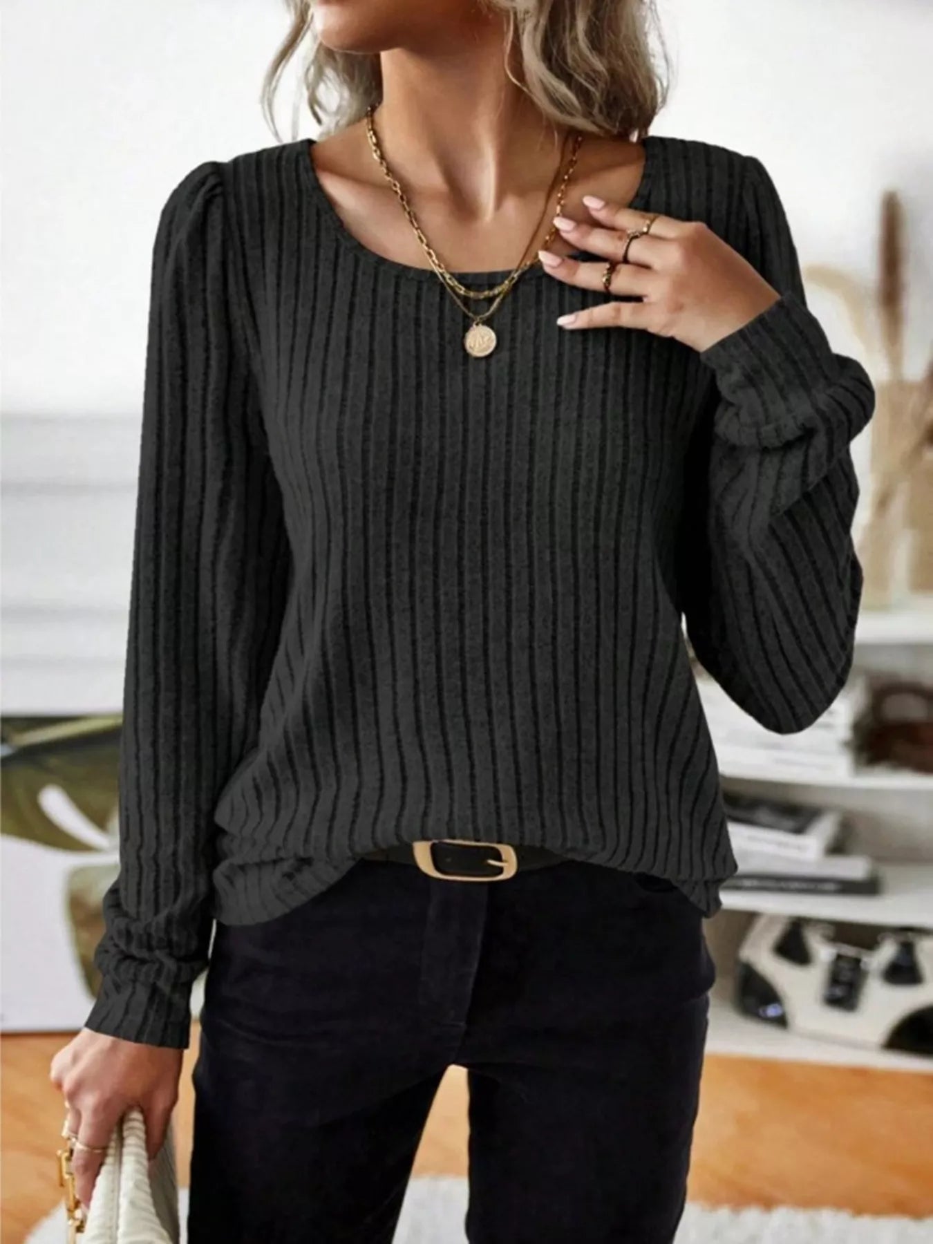Ribbed Knit Long Sleeve T-Shirt Black OutfitFlow