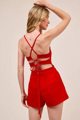 SO ME Fitted Open Back Game Day Romper with Lace Up Deta OutfitFlow