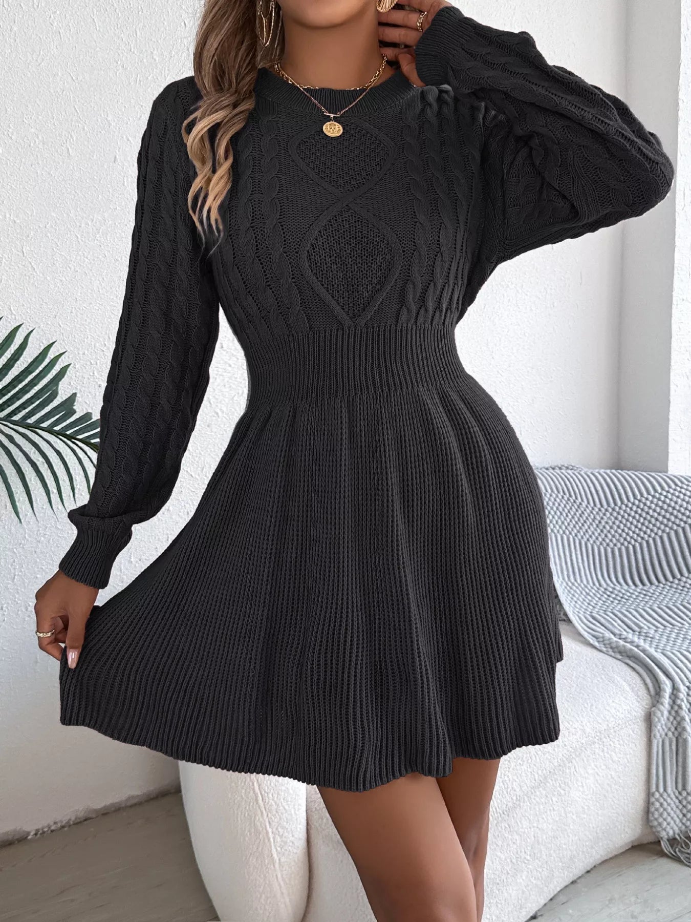 Cable Knit Long Sleeve Sweater Dress OutfitFlow