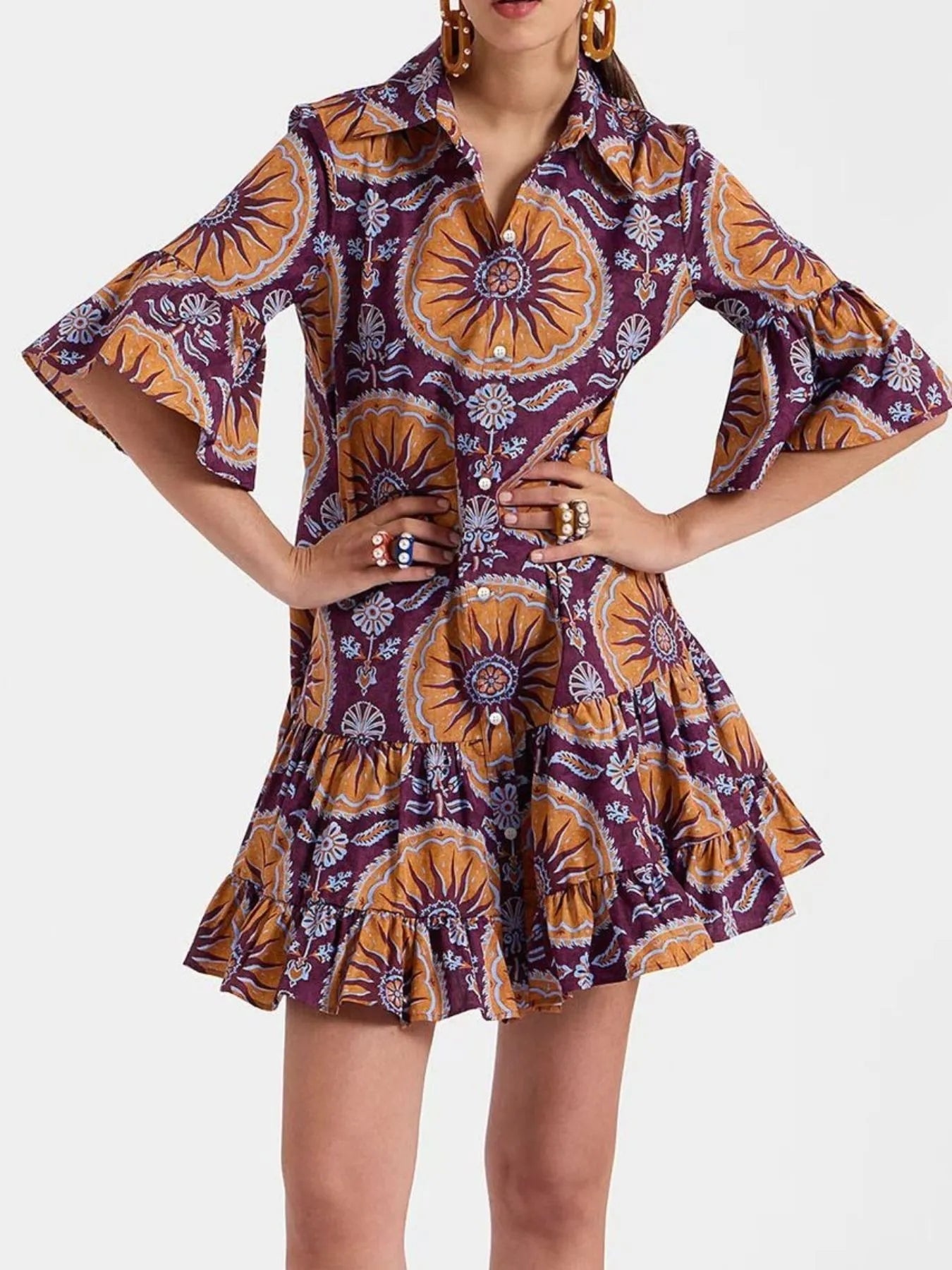 Floral Print Ruffle Sleeve Mini Dress Purple OutfitFlow