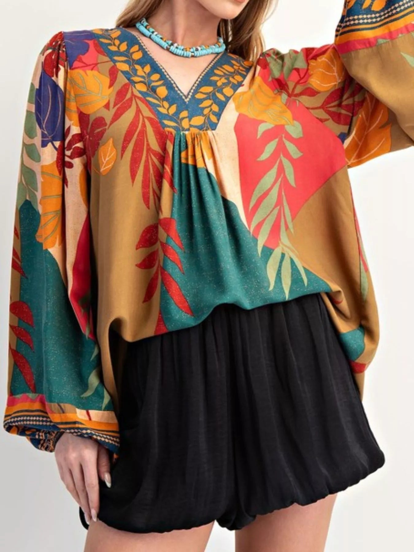 Tropical Print Balloon Sleeve Blouse OutfitFlow