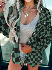 Checkered Pattern Button Up Oversized Jacket Dark Green OutfitFlow