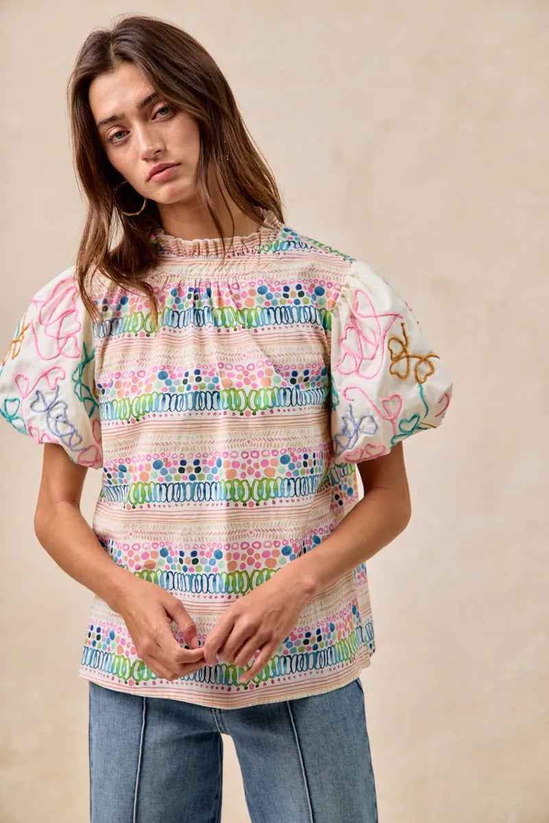BiBi Ruffle Neckline Blouse With Embroidery Bubble Sleeve OutfitFlow