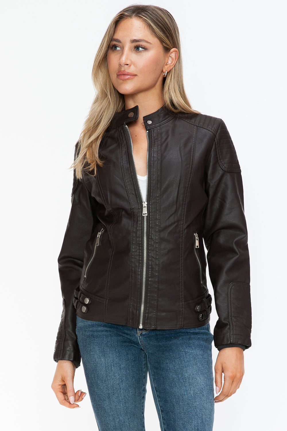 Outfit Flow - Snobbish Faux Leather Biker Jacket with Side Zip Pockets