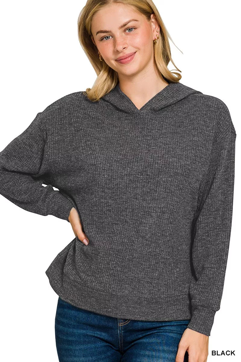 Zenana Ribbed Long Sleeve Hoodie BLACK OutfitFlow