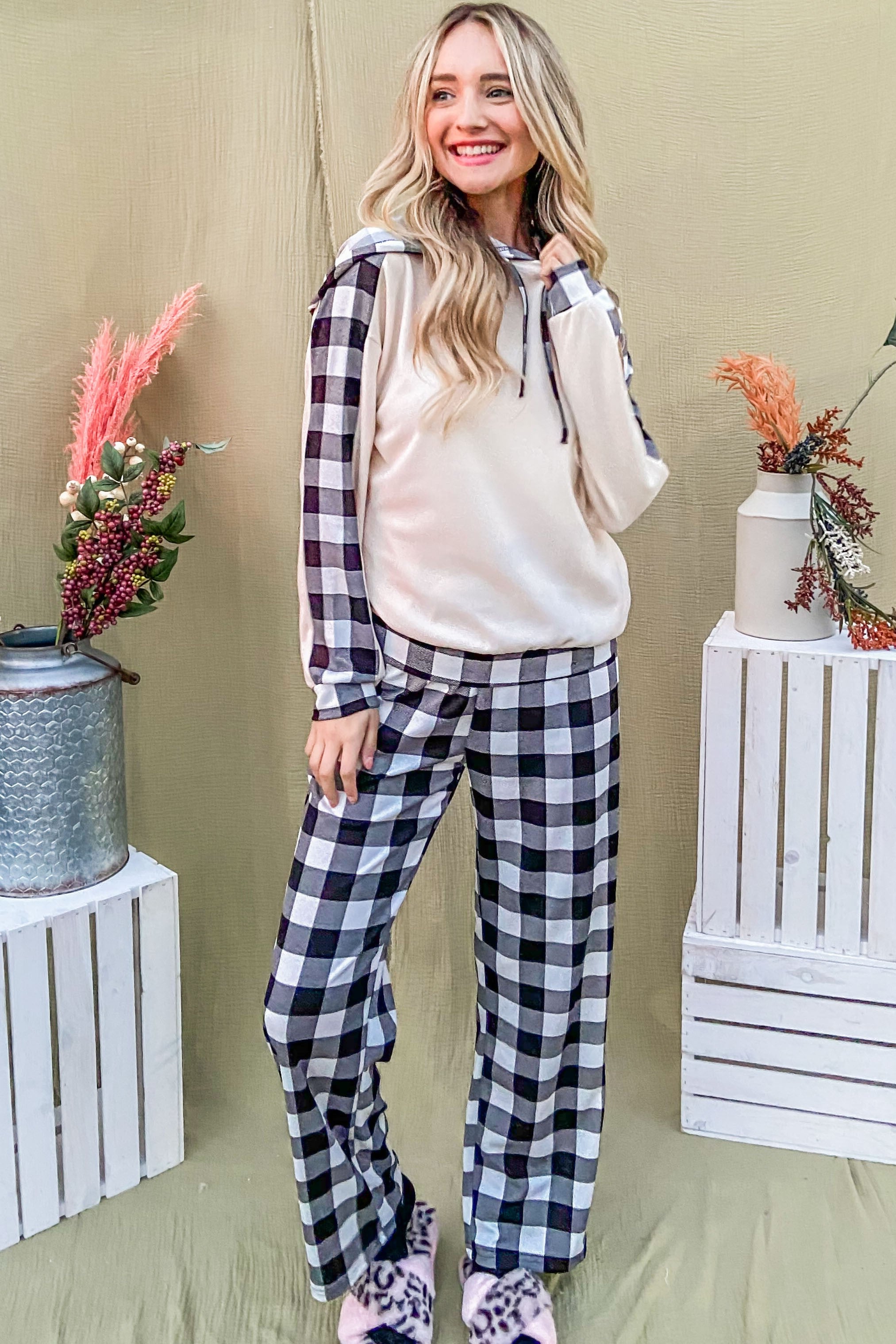 Outfit Flow - And The Why Drawstring Hooded Top and Plaid Pants Lounge Set