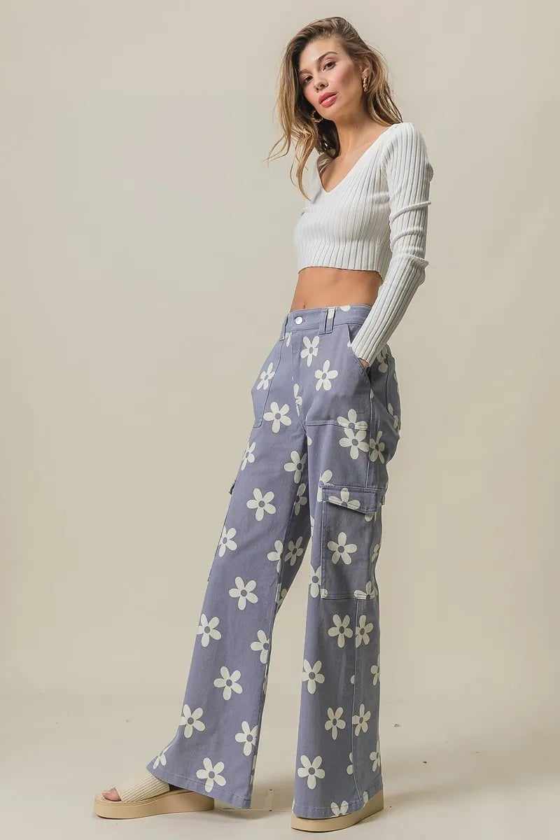 BiBi Flower Printed Side Pocket Wide Pants OutfitFlow