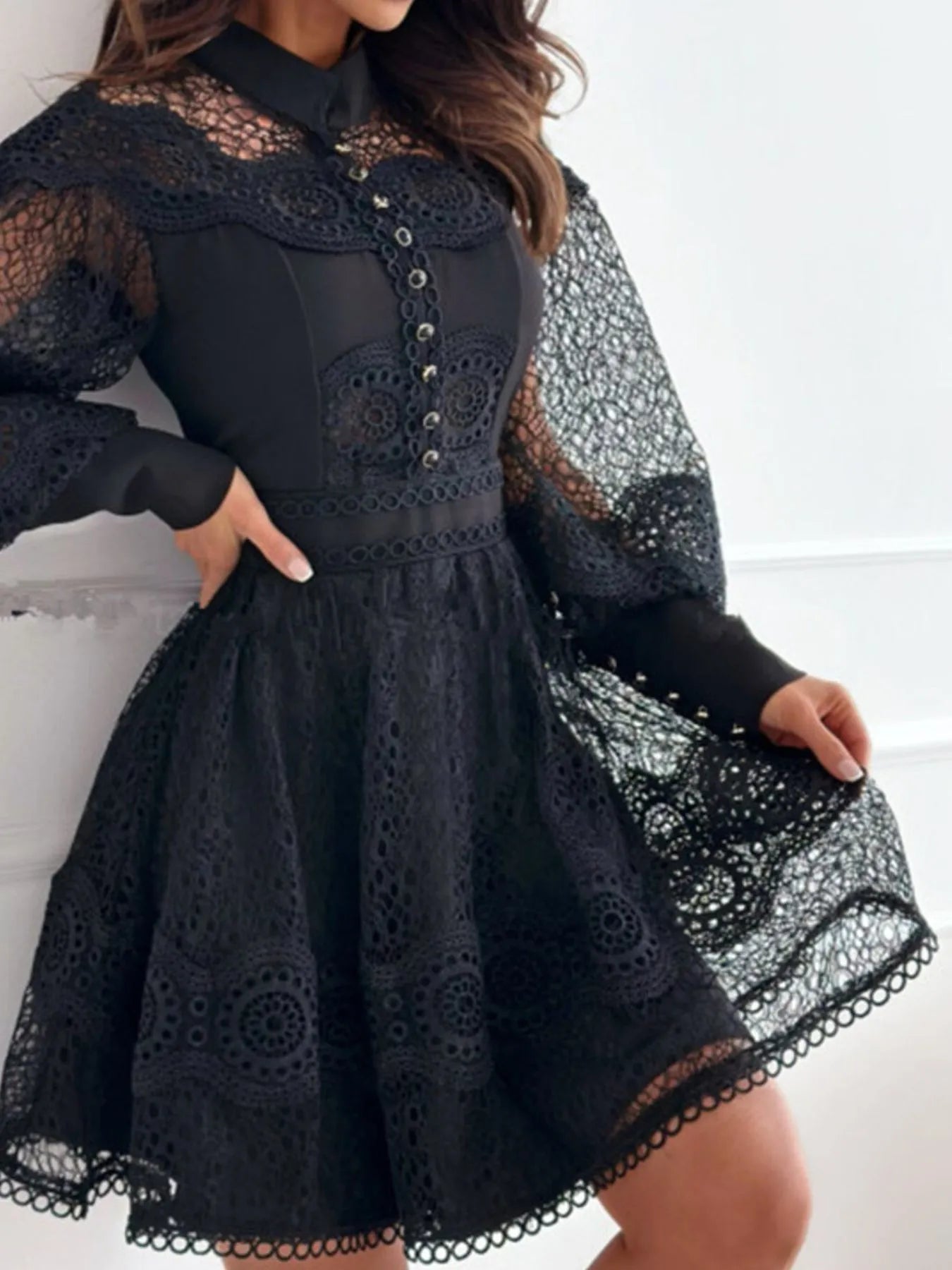 Lace Lantern Sleeve Mini Dress OutfitFlow