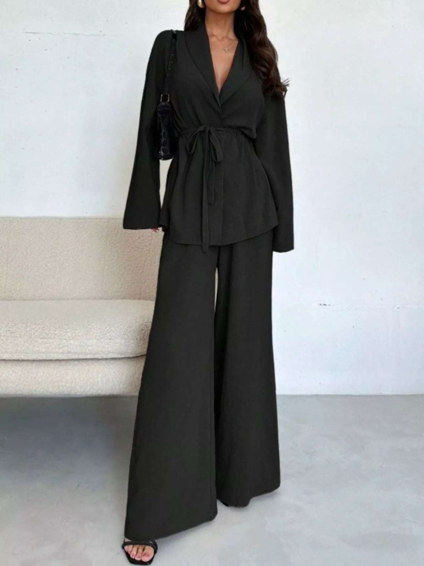 Front Tied Shirt and Wide-Leg Pants Set Black OutfitFlow
