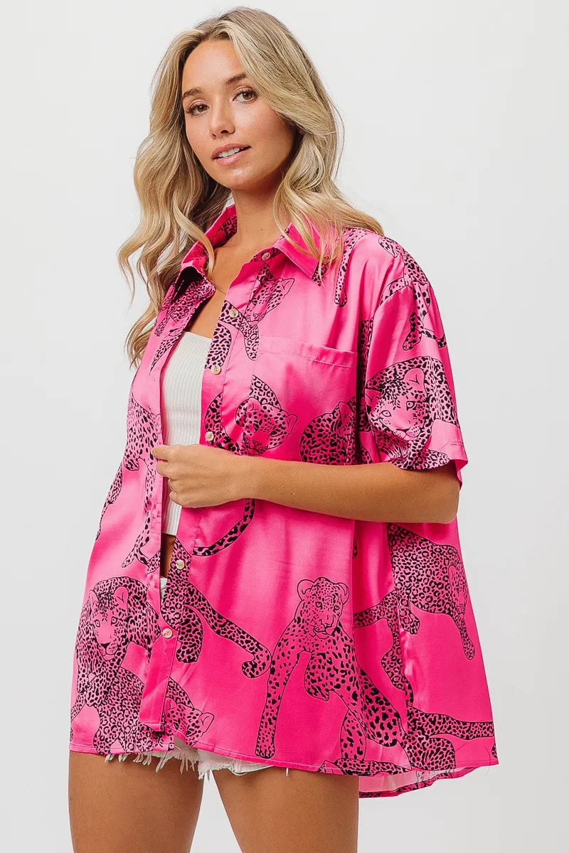 BiBi Leopard Print Short Sleeve Silky Satin Shirt Top OutfitFlow