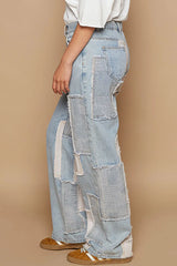 POL Contrast Patched Raw Hem Straight Jeans OutfitFlow