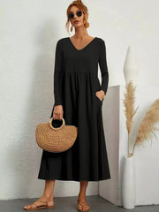 V-Neck Long Sleeve Pocketed Midi Dress OutfitFlow