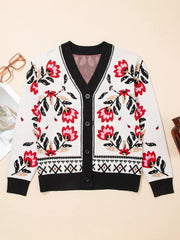 Floral Button Down Cardigan with Geometric Border Trendsi