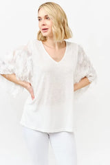 And The Why Feather Detailed 3/4 Sleeve Slub Top OutfitFlow