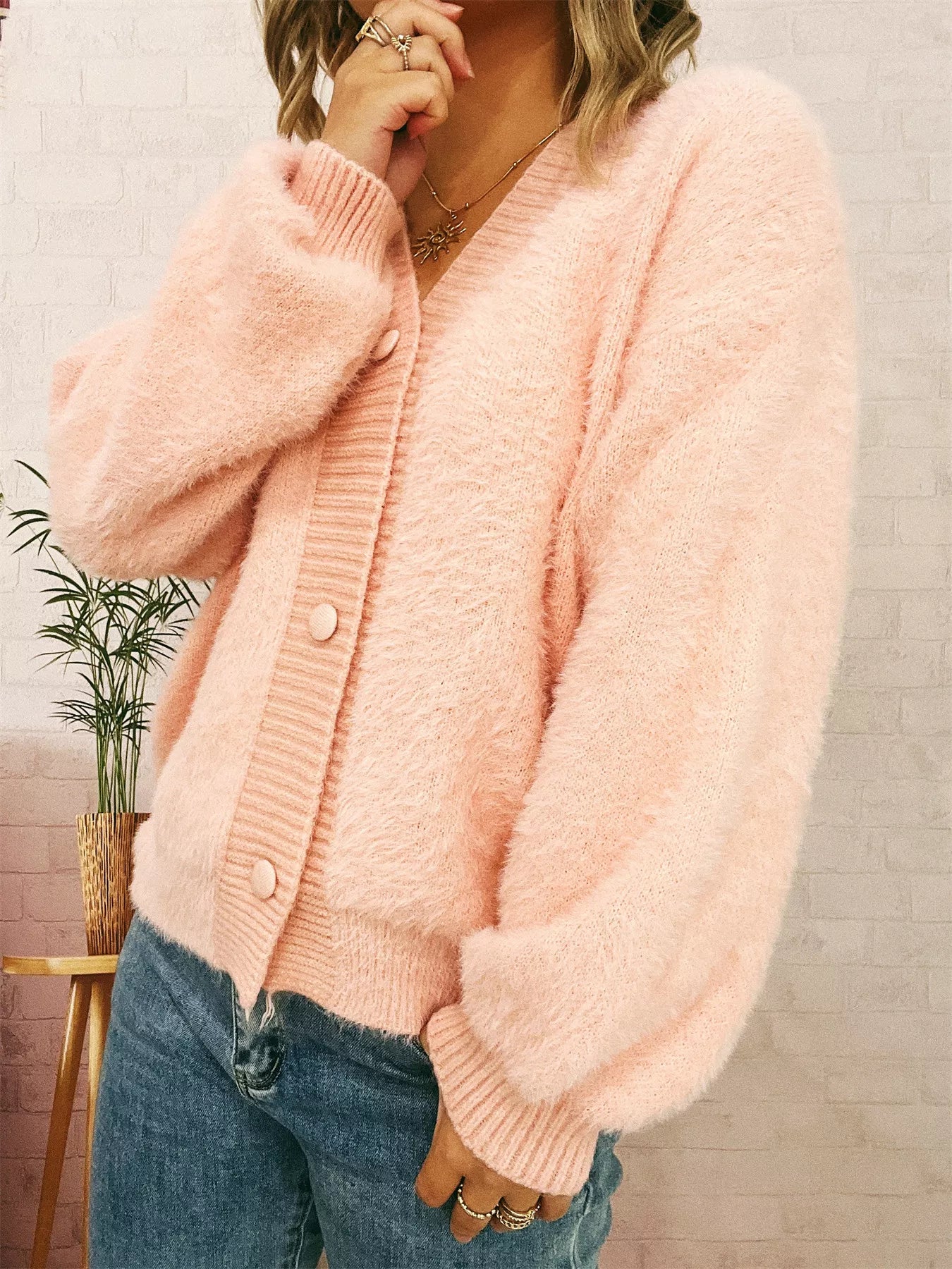 Fuzzy Button-Up Long Sleeve Cardigan Pink One Size OutfitFlow