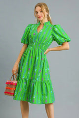 Umgee Printed Midi Dress with Ruffled Hem Green OutfitFlow