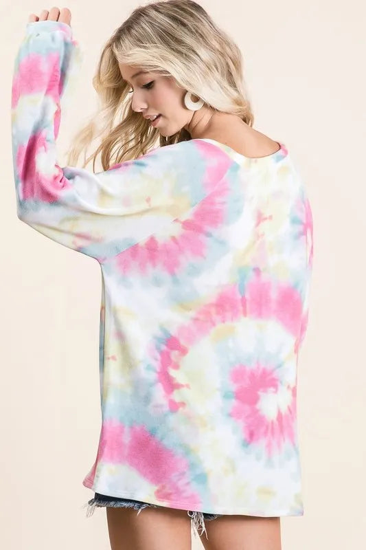 BiBi Tie Dye Print Terry Top With Puff Sleeves OutfitFlow