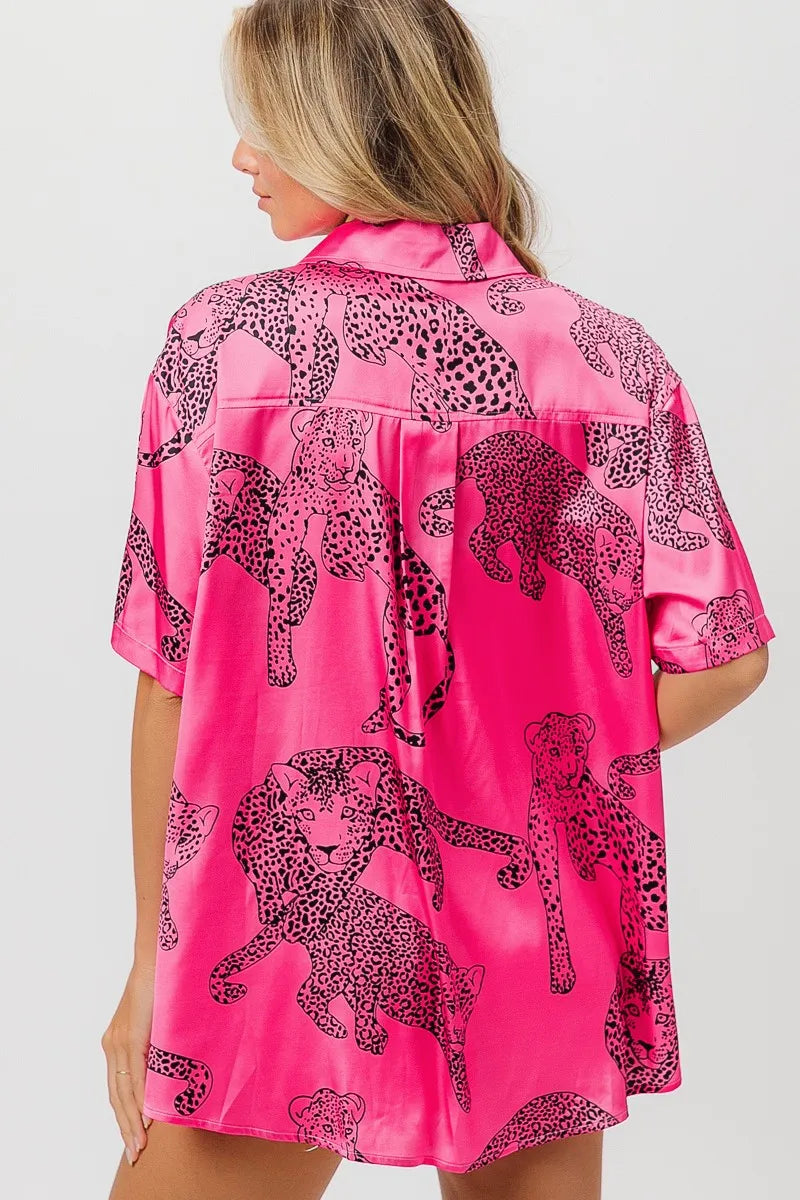 BiBi Leopard Print Short Sleeve Silky Satin Shirt Top OutfitFlow