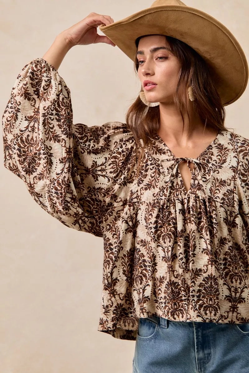 BiBi Printed Woven Front Tied Blouse with Baloon Sleeve OutfitFlow