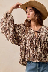 BiBi Printed Woven Front Tied Blouse with Baloon Sleeve OutfitFlow