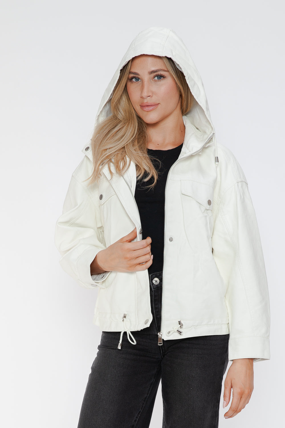 Outfit Flow - How Dare U Drawstring Hem PU Leather Zip Up Jacket