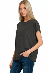 Zenana Raised Rib Front Pocket Boxy Top Trendsi