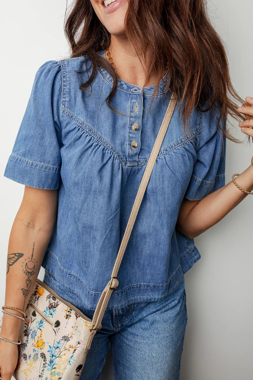 Pleated Detail Half Button Short Sleeve Denim Top Trendsi