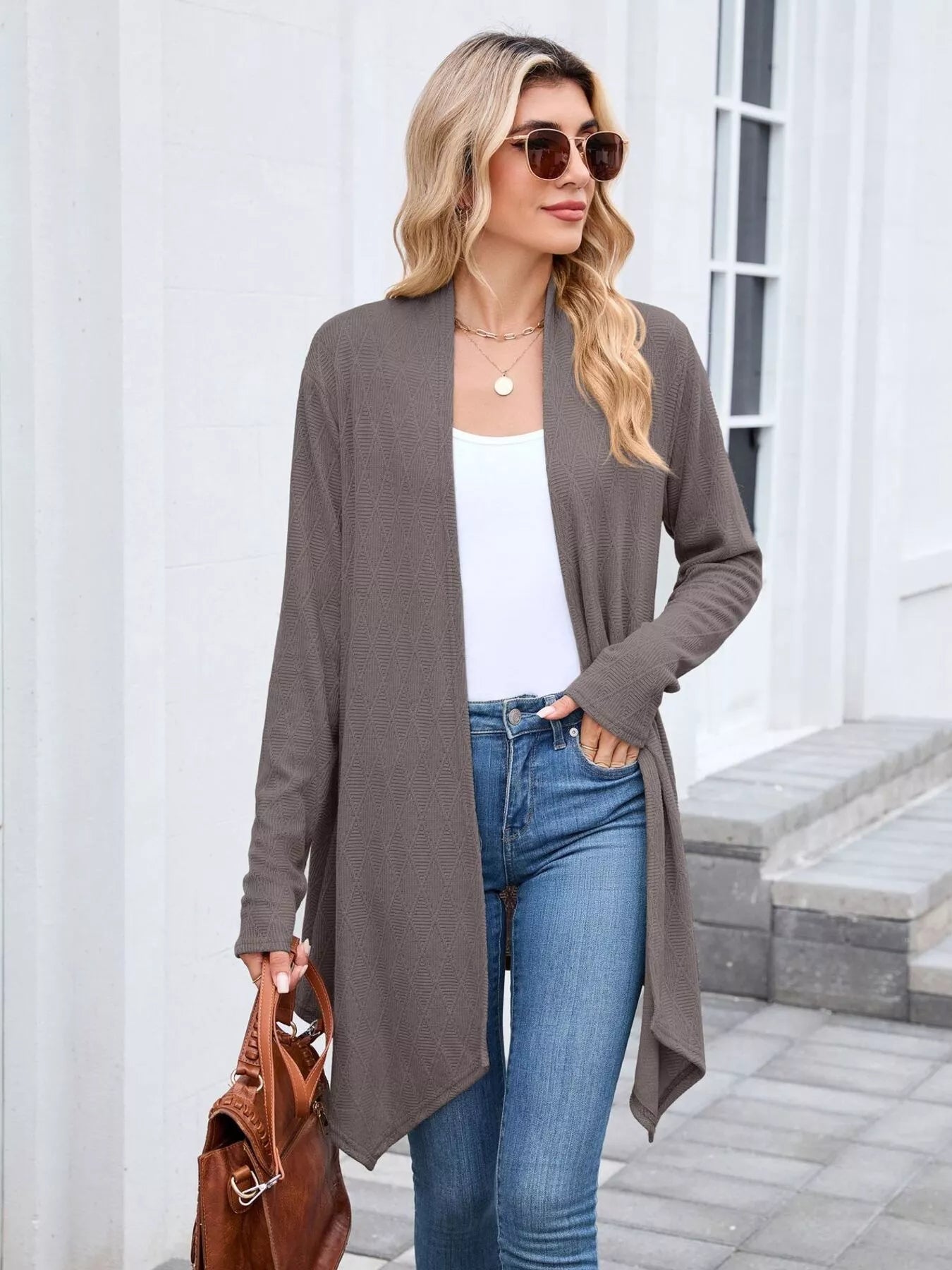 Open Front Long Cardigan Coffee Brown OutfitFlow