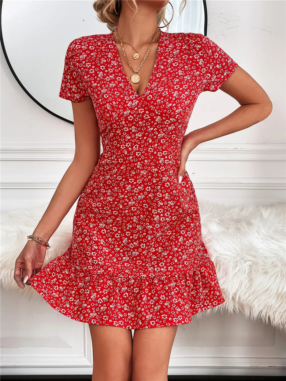 Printed Ruffled Hem V-Neck Short Sleeve Mini Dress OutfitFlow