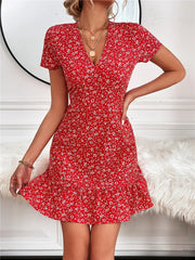 Printed Ruffled Hem V-Neck Short Sleeve Mini Dress OutfitFlow