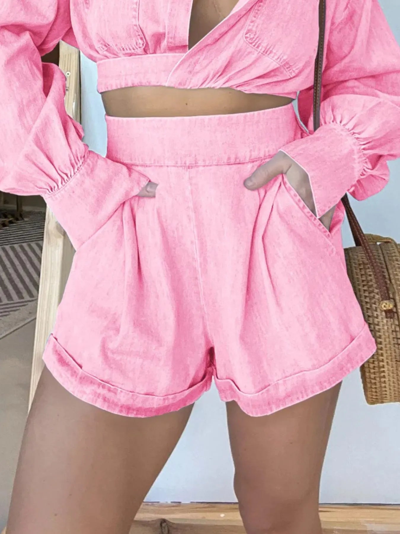 Full Size Long Sleeve Top and Shorts Denim Set Plus Size OutfitFlow