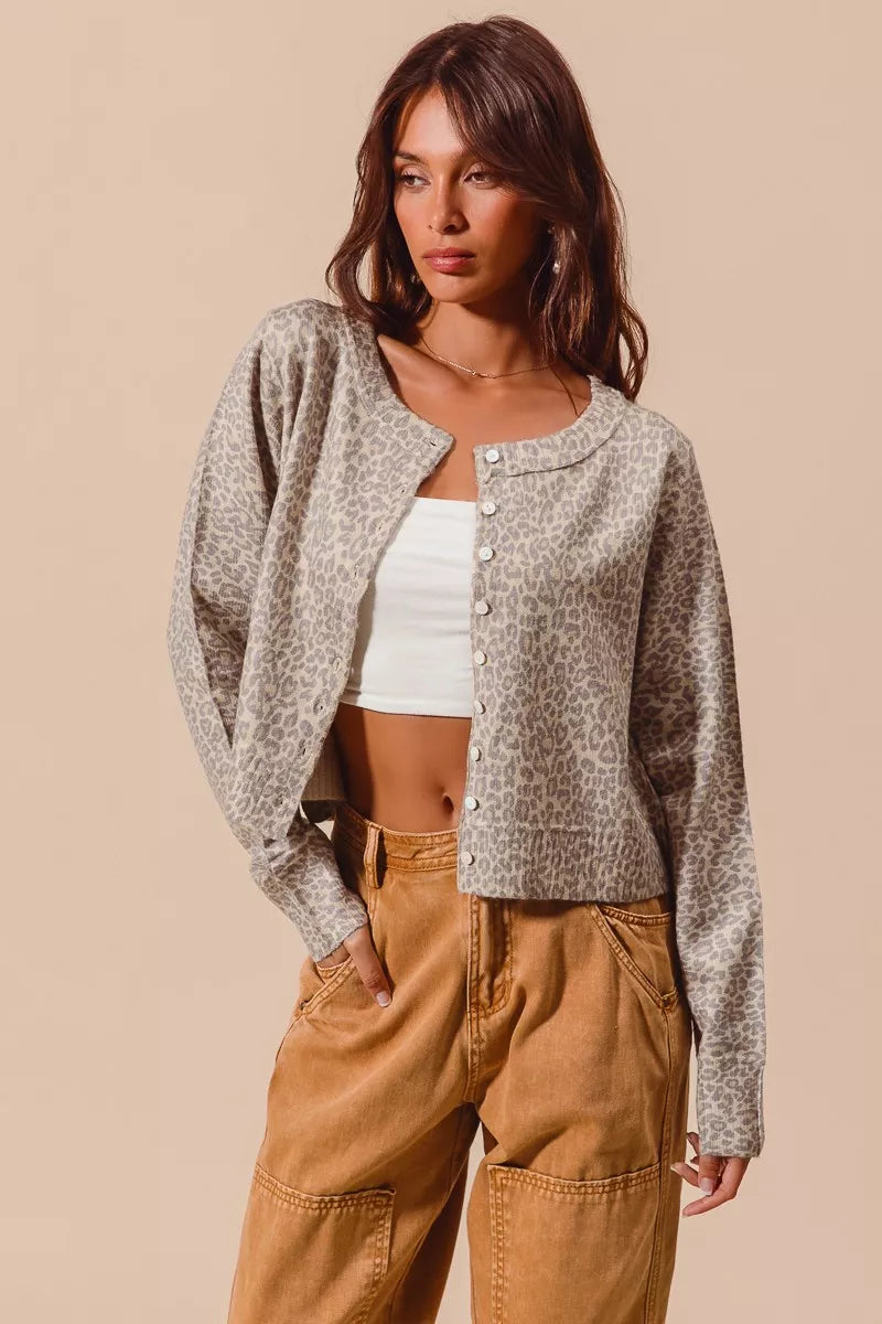 SO ME Two Tone Leopard Vintage Print Button Up Cardigan OutfitFlow