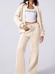 Drop Shoulder Zip Up Jacket and Drawstring Pants Active 2pcs Set Beige OutfitFlow