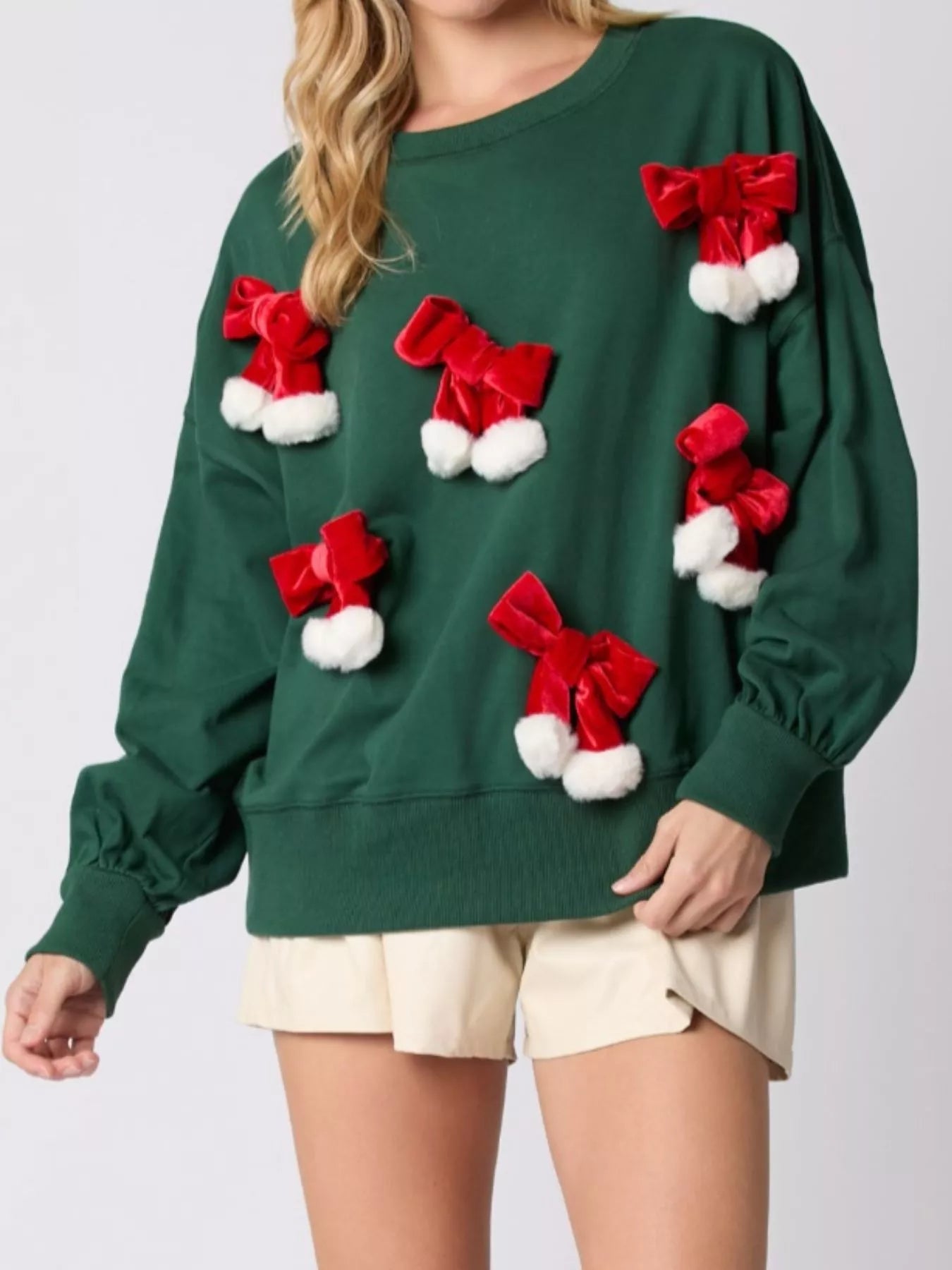 Christmas Long Sleeve Sweatshirt with Pom-Pom Bow Decoration OutfitFlow