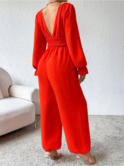 Outfit Flow - Honey Plunge Smocked Flounce Sleeve Jumpsuit