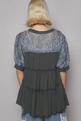 POL Lace Detail Tiered Round Neck Half Sleeve Blouse OutfitFlow