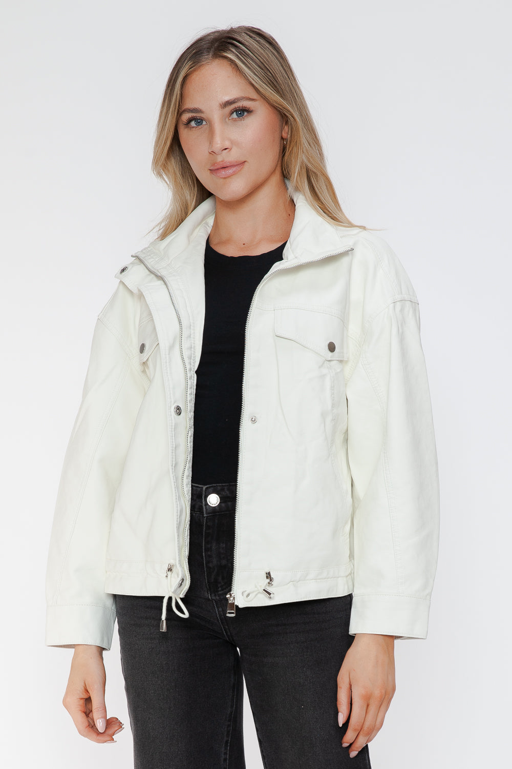 Outfit Flow - How Dare U Drawstring Hem PU Leather Zip Up Jacket