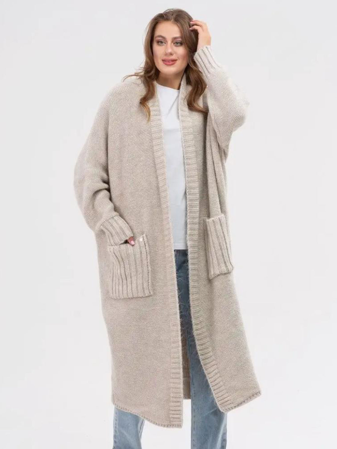 Pocketed Open Front Long Sleeve Longline Cardigan Dust Storm One Size OutfitFlow