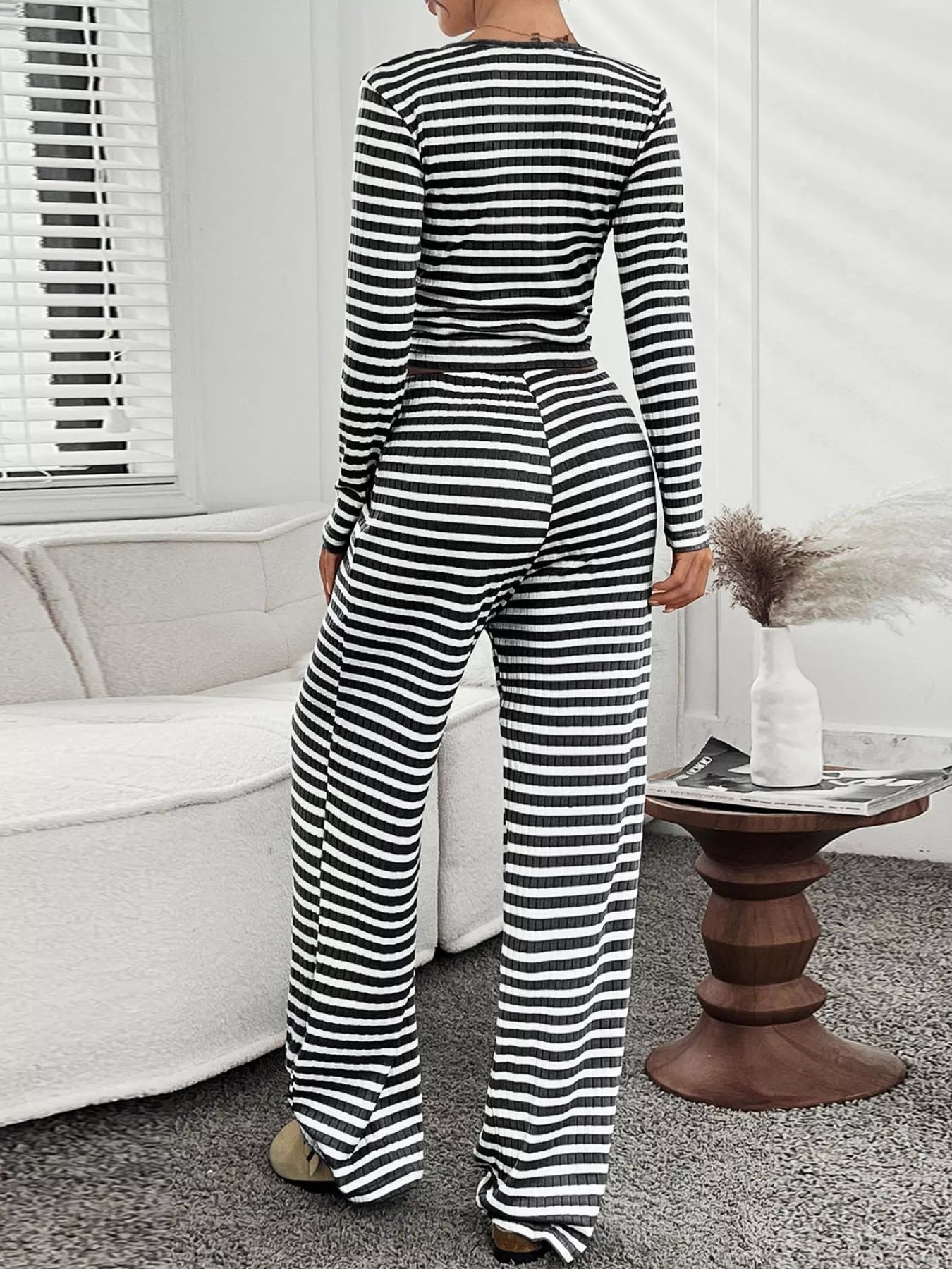 Striped Long Sleeve Top and Pants Set OutfitFlow