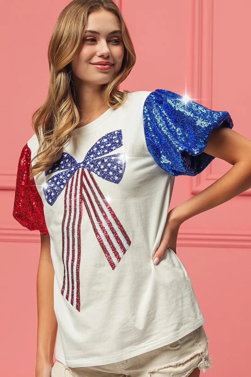 BiBi Sequin American Flag Bow Top OutfitFlow