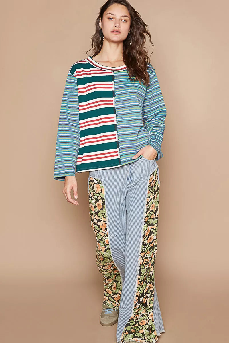 POL Color Block Striped Round Neck Long Sleeve T-Shirt OutfitFlow