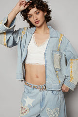 POL Raw Hem Zip Up Denim Jacket with Plaid and Crochet Patch OutfitFlow