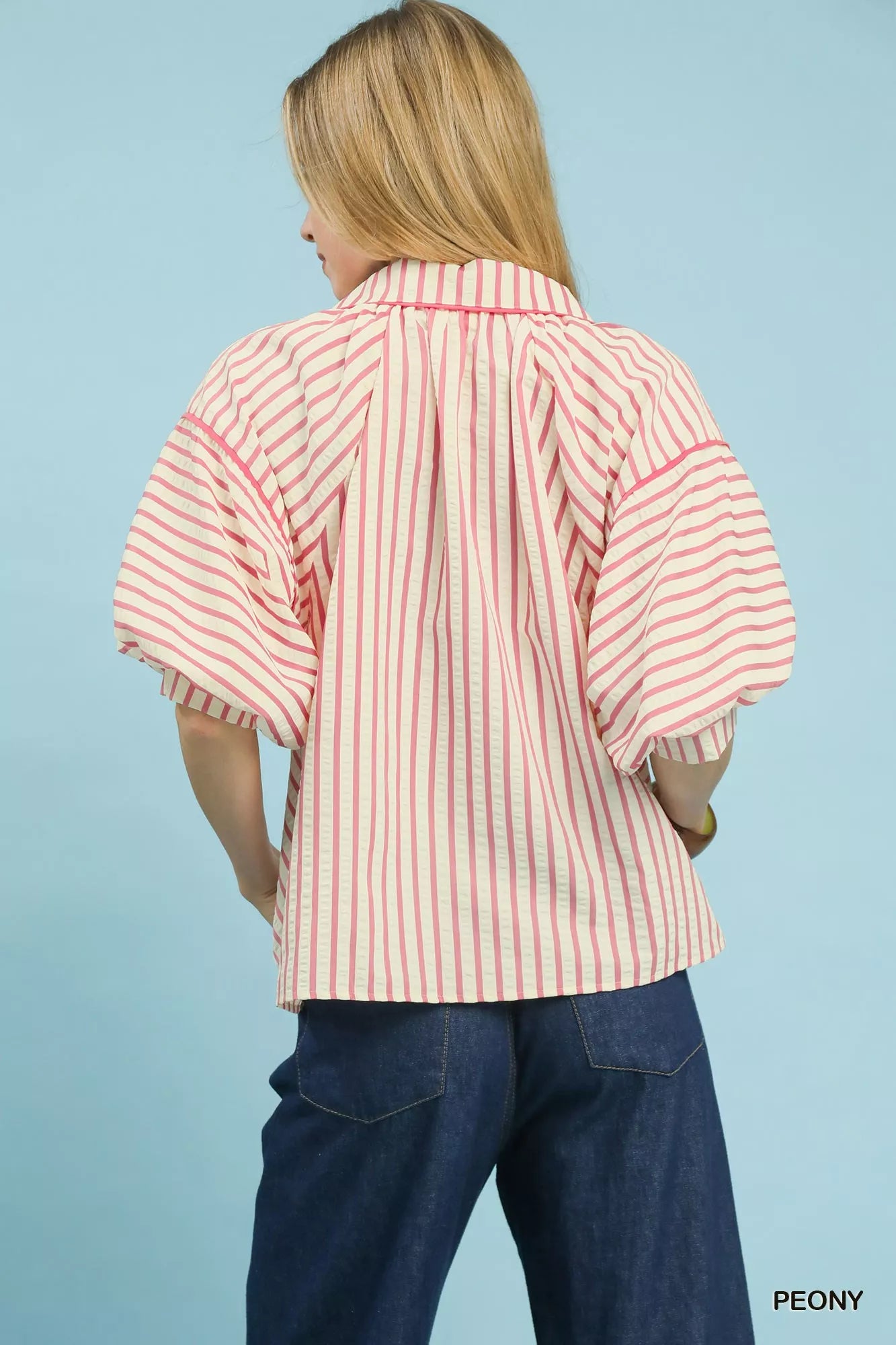 Umgee Chevron Stripe Collared Relaxed Top OutfitFlow
