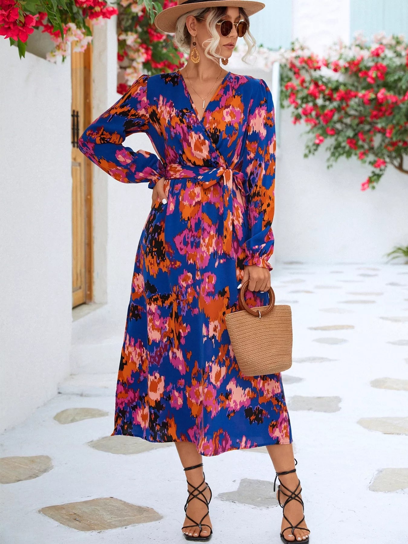 Printed Surplice Long Sleeve Midi Dress Royal Blue OutfitFlow
