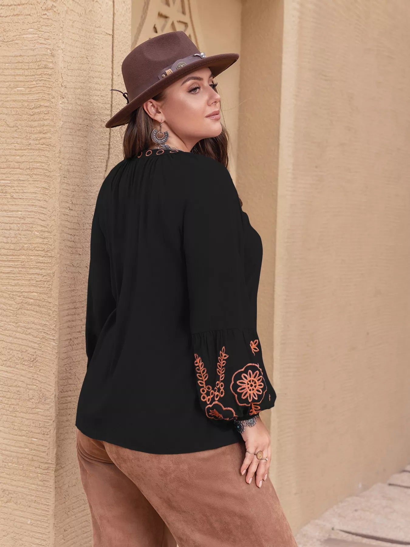 Plus Size Boho Embroidered Long Sleeve Blouse OutfitFlow