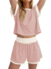 Full Size Contrast Striped T-Shirt and Shorts Set Plus Size Red Stripe On White Background OutfitFlow