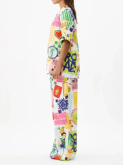 Printed Button Up Shirt and Pants Set OutfitFlow